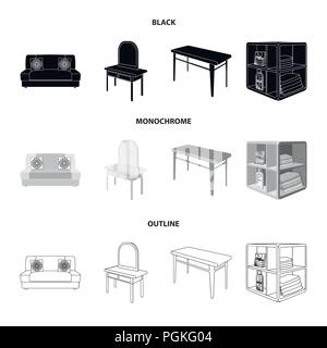 Soft sofa, toilet make-up table, dining table, shelving for laundry and detergent. Furniture and interior set collection icons in black,monochrome,out Stock Vector
