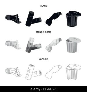 Broken light bulb, used batteries, breaking a plastic bottle, garbage can with a sign.Garbage and trash set collection icons in black,monochrome,outli Stock Vector