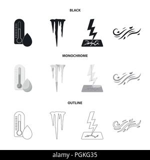 Humidity, icicles, thunderbolt, windy weather. Weather set collection icons in black,monochrome,outline style vector symbol stock illustration . Stock Vector