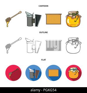 A frame with honeycombs, a ladle of honey, a fumigator from bees, a jar of honey.Apiary set collection icons in cartoon,outline,flat style vector symb Stock Vector