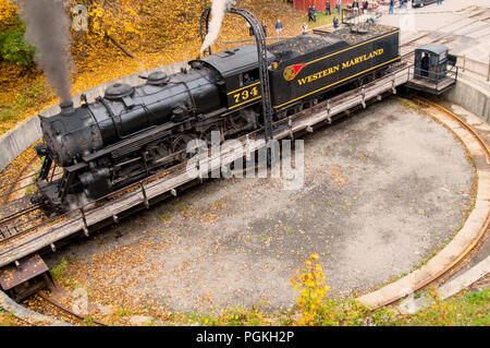 Western Maryland Railroad steam locomotive on the turntable in Frostburg, Maryland. Stock Photo