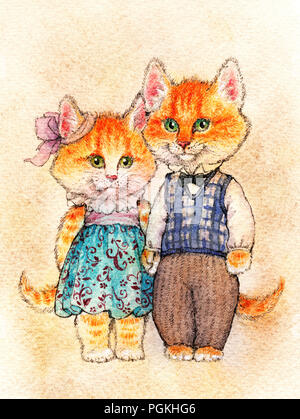 A pair of red fluffy kittens with pink shushes and green eyes stand in clothes (a dress with lace and a waistcoat with trousers) and hold hands. Illus Stock Photo