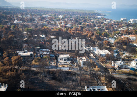 Mati, Athens - July 26, 2018: Aerial view shows a burnt area following a wildfire in the village of Mati, near Athens. Wildfires occurred on the 23 of Stock Photo