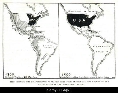 Map of Spanish losses in America, showing the disappearance of Spanish rule, and the growth of the United States in the 19th Century Stock Photo