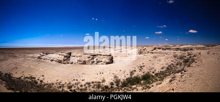 Panorama view to saline Barsa Kelmes lake and Ustyurt plateau at Karakalpakstan, Uzbekistan Stock Photo