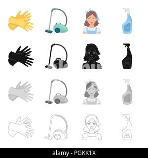 Protective gloves, vacuum cleaner for cleaning, cleaner, washing liquid. Cleaning set collection icons in cartoon black monochrome outline style vecto Stock Vector