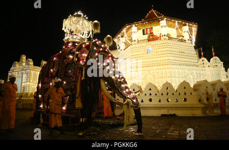 Sri Lanka. 25th Aug, 2018. An elephant decorated for the Esala Perahera festival is lead past Sri Lankan Buddhist Temple of the Tooth in the ancient hill capital of Kandy, some 116 km from Colombo on August 25, 2018. The festival features a night procession of Kandyan dancers, fire twirlers, traditional musicians, acrobatic fire performers and elephants, gathering thousands of tourists and spectators from around the island. Credit: Pradeep Dambarage/Pacific Press/Alamy Live News Stock Photo