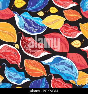 Seamless autumn pattern from leaves and buds on a black background Stock Vector