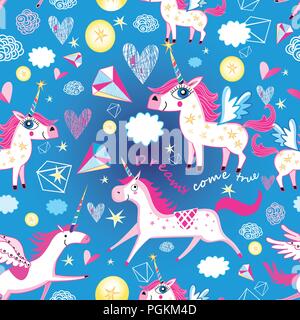 Seamless funny pattern from unicorns on a light blue background Stock Vector