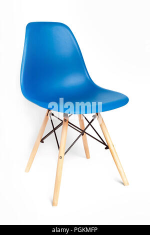 Blue modern chair with wooden legs isolated on white background Stock Photo