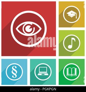 Web and internet science and education vector icons, eye, graduation, note, book, laptop, law flat design banners in eps 10. Stock Vector