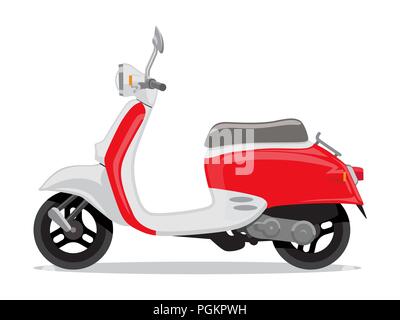 Vector red and white retro scooter, flat style side view. Stock Vector