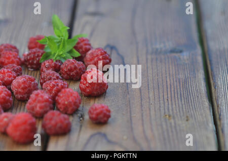 Raspberries are covered with frost, lying on a wooden background, among them a green mint leaf Stock Photo