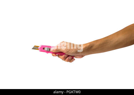 Close-up a man hand holding Cutter with rusted blade against white background include clipping path easy to cutout. Stock Photo