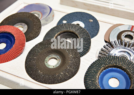 Abrasive disc for angle grinder in store Stock Photo