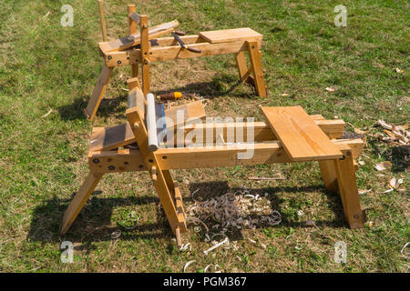 Carpenters shave horse with hand tools, Herefordshire County Fair Ross on Wye UK. August 2018 Stock Photo