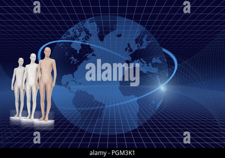three cyborg in front of a blue grid graphic and the world globe, artificial intelligence Stock Photo