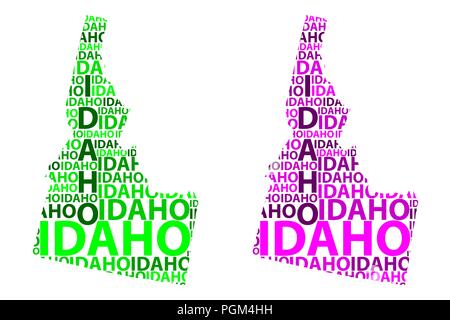 Sketch Idaho (United States of America) letter text map, Idaho map - in the shape of the continent, Map Idaho - green and purple vector illustration Stock Vector