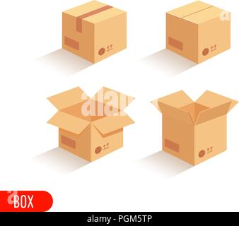 Set closed and open cardboard boxes on white background.  Isometric carton packaging Stock Vector