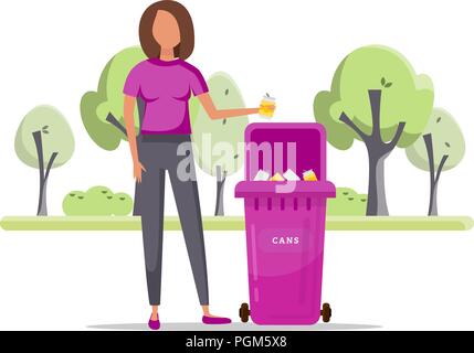 Trash sorting. Protect the environment. Woman throws a garbage in the trash. Vector illustration. Stock Vector