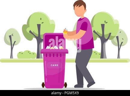 Trash sorting. Protect the environment. Man throws a garbage in the trash. Vector illustration. Stock Vector
