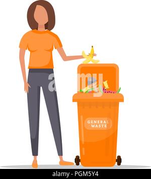 Trash sorting. Protect the environment. Woman throws a garbage in the trash. Vector illustration. Stock Vector