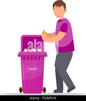 Trash sorting. Protect the environment. Man throws a garbage in the trash. Vector illustration. Stock Vector