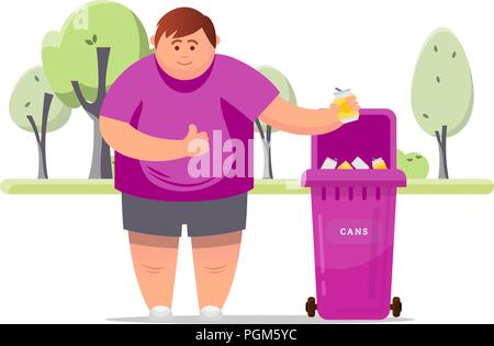 Trash sorting. Protect the environment. Man throws a garbage in the trash. Vector illustration. Stock Vector