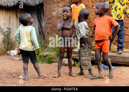 MASSIF KABYE, TOGO - JAN 13, 2017: Unidentified Togolese  children play in the village. Togo children suffer of poverty due to the bad economy. Stock Photo