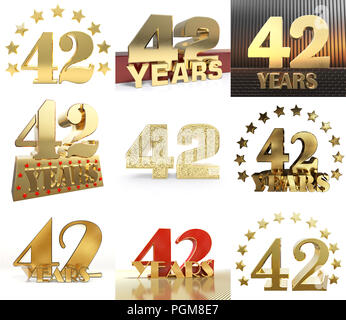 Set of number forty two year (42 year) celebration design. Anniversary golden number template elements for your birthday party. 3D illustration. Stock Photo