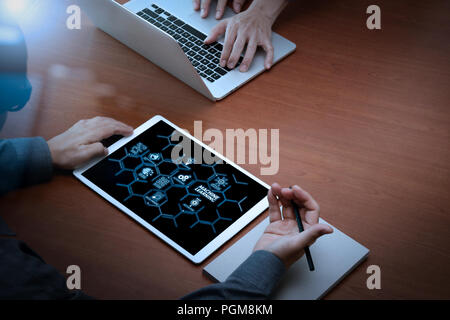 Machine learning technology diagram with artificial intelligence (AI),neural network,automation,data mining in VR screen. two colleagues discussing da Stock Photo