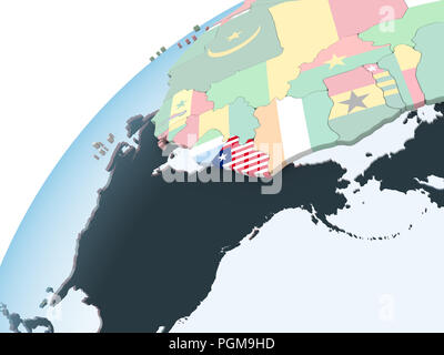 Liberia on bright political globe with embedded flag. 3D illustration ...