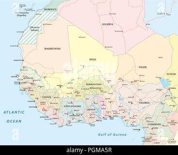 Detailed road map of the countries of West Africa with capital cities. Stock Vector