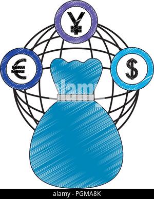 money bag world connection coins dollar yen euro vector illustration Stock Vector
