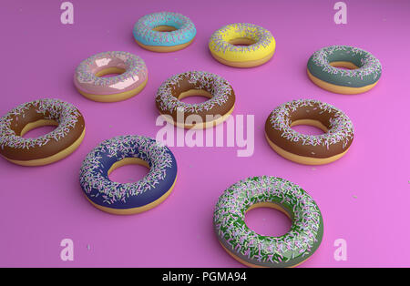 Various donut on pink bckground, 3d rendering . Stock Photo