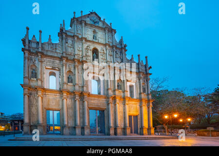 Ruins of St. Paul's at night in Macao, China.