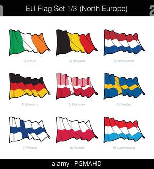 EU Waving Flag Set of North European States. The set includes the flags of Ireland, Belgium, Germany, Netherlands, Denmark, Sweden, Finland, Poland an Stock Vector