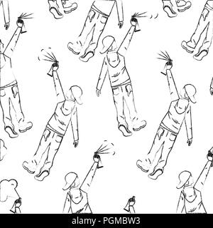 hipster man back view with spray painting pattern vector illustration hand drawing Stock Vector
