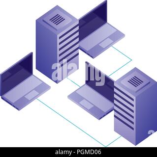 laptops computers and server with circuit isometric vector illustration design Stock Vector