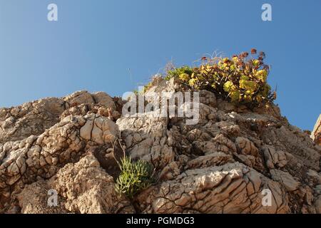 Crystalline waters and rock textures of Galapinhos Beach in Portugal Stock Photo
