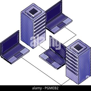 laptops computers and server with circuit isometric Stock Vector