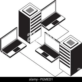 laptops computers and server with circuit isometric Stock Vector