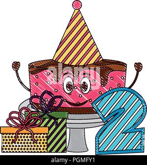 birthday cake party hat gift and number two Stock Vector