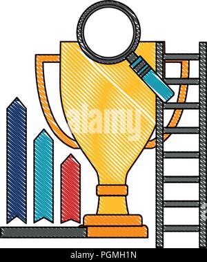 trophy cup with magnifying glass and set icons Stock Vector