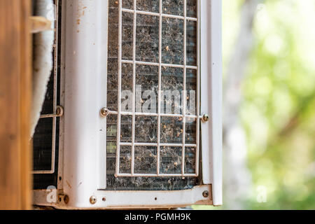 Close-up outdoor air condition unit with clogged obstructed compressor radiator grill. Details of air conditioner needed to clean and maintenance. Hou Stock Photo