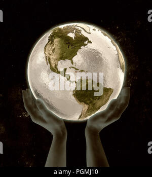 Jamaica on globe in hands in space. 3D illustration. Stock Photo