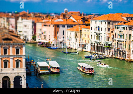 An aerial view of the iconic grand canal with vaporettos and coloured buildings in Venice, Italy Stock Photo