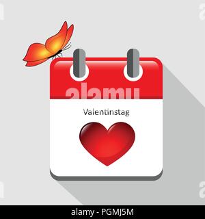 calendar with 14 february red heart and butterfly vector illustration EPS10 Stock Vector