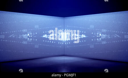 An arty 3d illustration of neon tunnel filled with a diamond in the center and horizontal lines from small crosses and squares in the blue background. Stock Photo