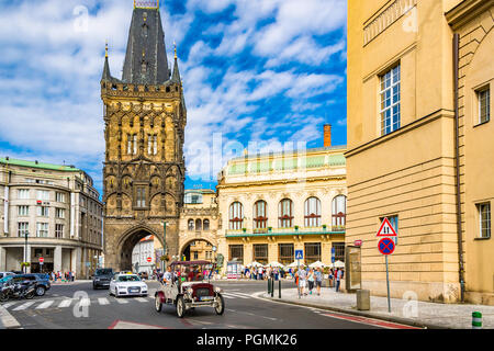 The Powder Tower or Powder Gate is a Gothic tower and is one of the original city gates in Prague. It separates the Old Town from the New Town. Stock Photo